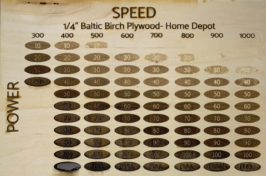 Photo of different Baltic Birch test patches engraved at various power and speed settings on the Glowforge.