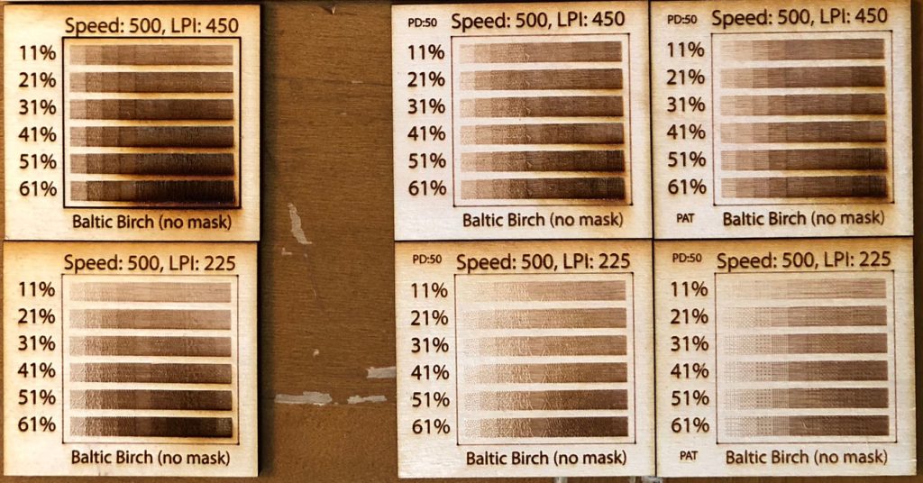 Photo of various power settings for photo engraving at 500 speed and lines per inch of either 225 or 450 on Baltic Birch.
